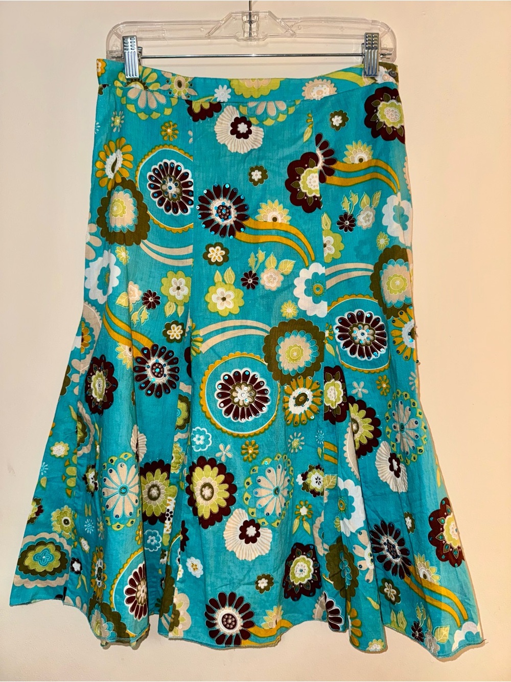 VTG Y2K Plum Clothing Coupe Floral Midi Skirt Turquoise Green Cream Boho Medium
